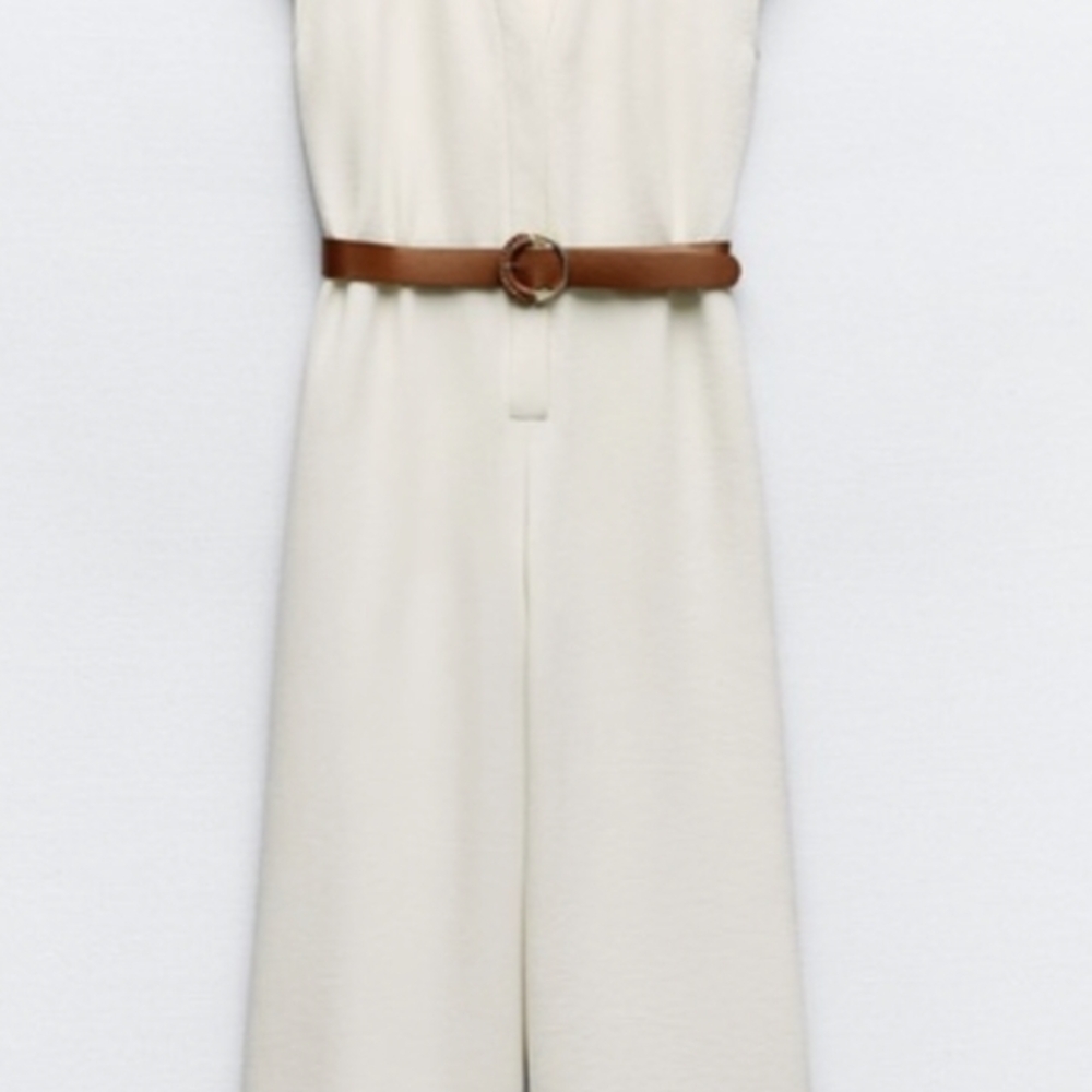 Zara Cream Jumpsuit with Brown Belt - Picture 3 of 9